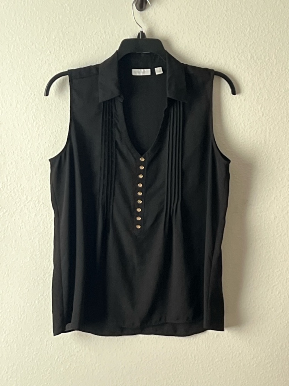 New York & Company Black Sleeveless Collared Top with Gold Buttons, Size L